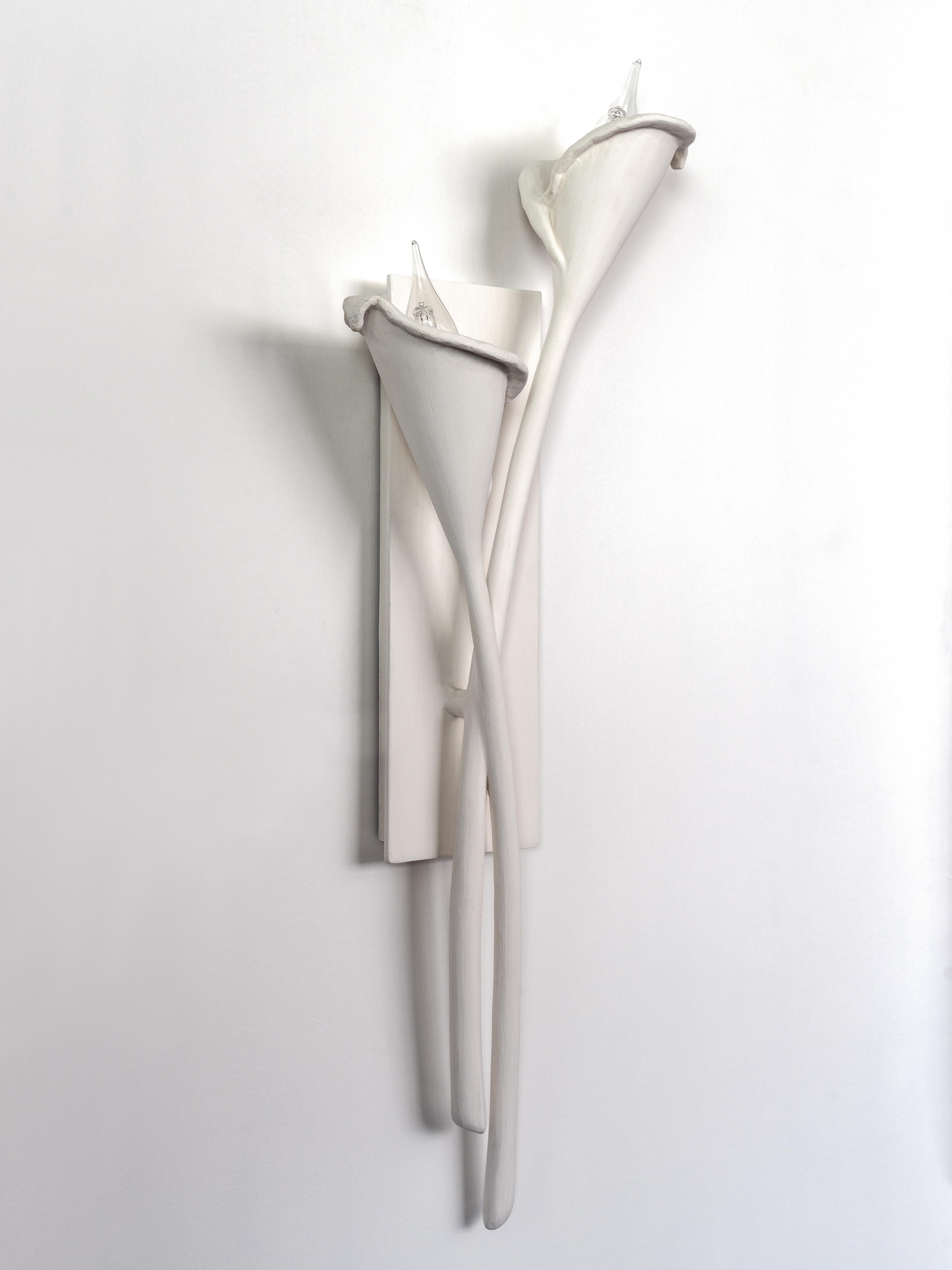 Forged Calla Lily Contemporary Wall Sconce, Wall Light in White Plaster, Pair, Benediko For Sale
