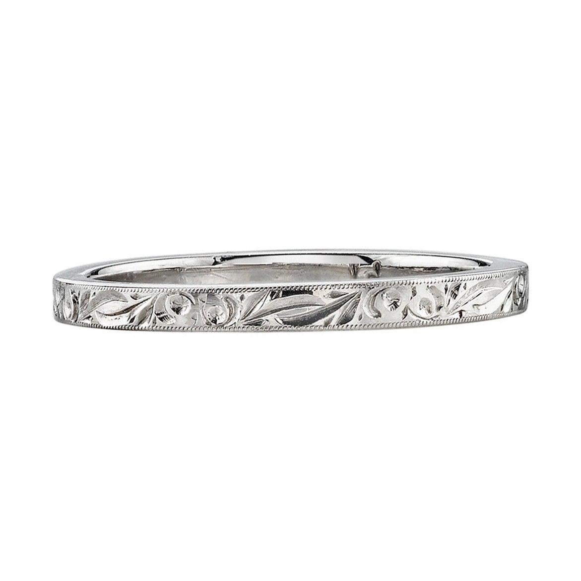 For Sale:  Handcrafted Hazel Engraved Platinum Band by Single Stone