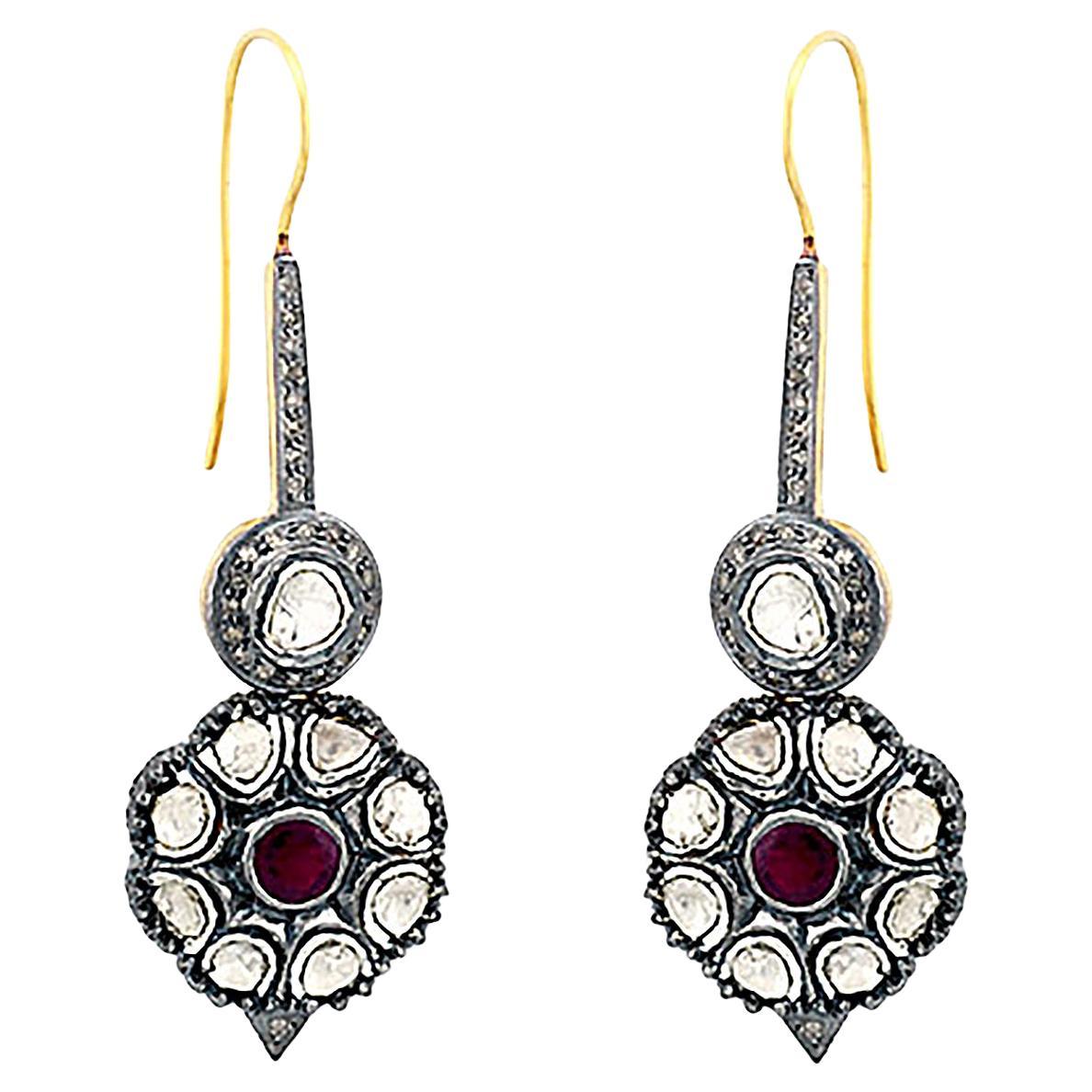 Handcrafted Polki Ethnic Dangle Earrings With Ruby Red Centerpiece For Sale