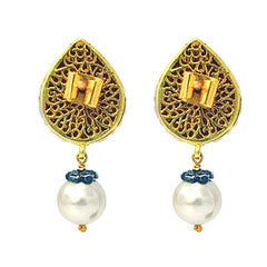 Handcrafted Polki Pear-Shaped Earrings with Lustrous Pearl Drops In 14k Gold