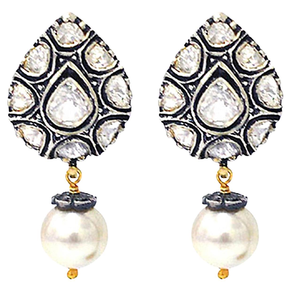 Handcrafted Polki Pear-Shaped Earrings with Lustrous Pearl Drops In 14k Gold