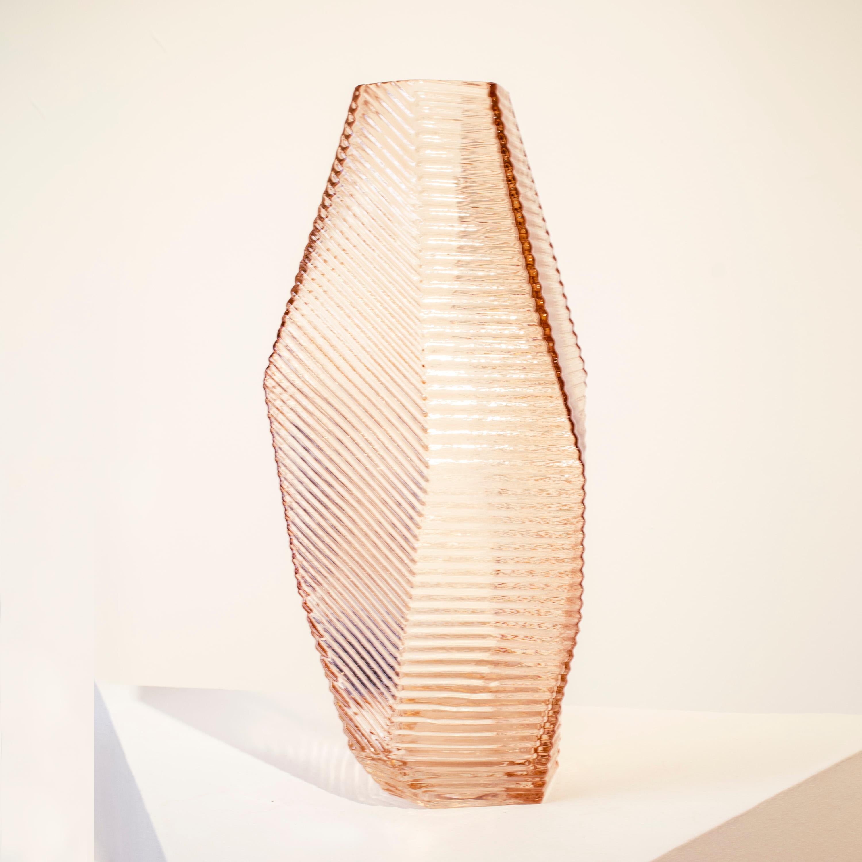 Italian Handcrafted Polygonal Semi Transparent Pink Color Glass Vase, Italy, 2024 For Sale