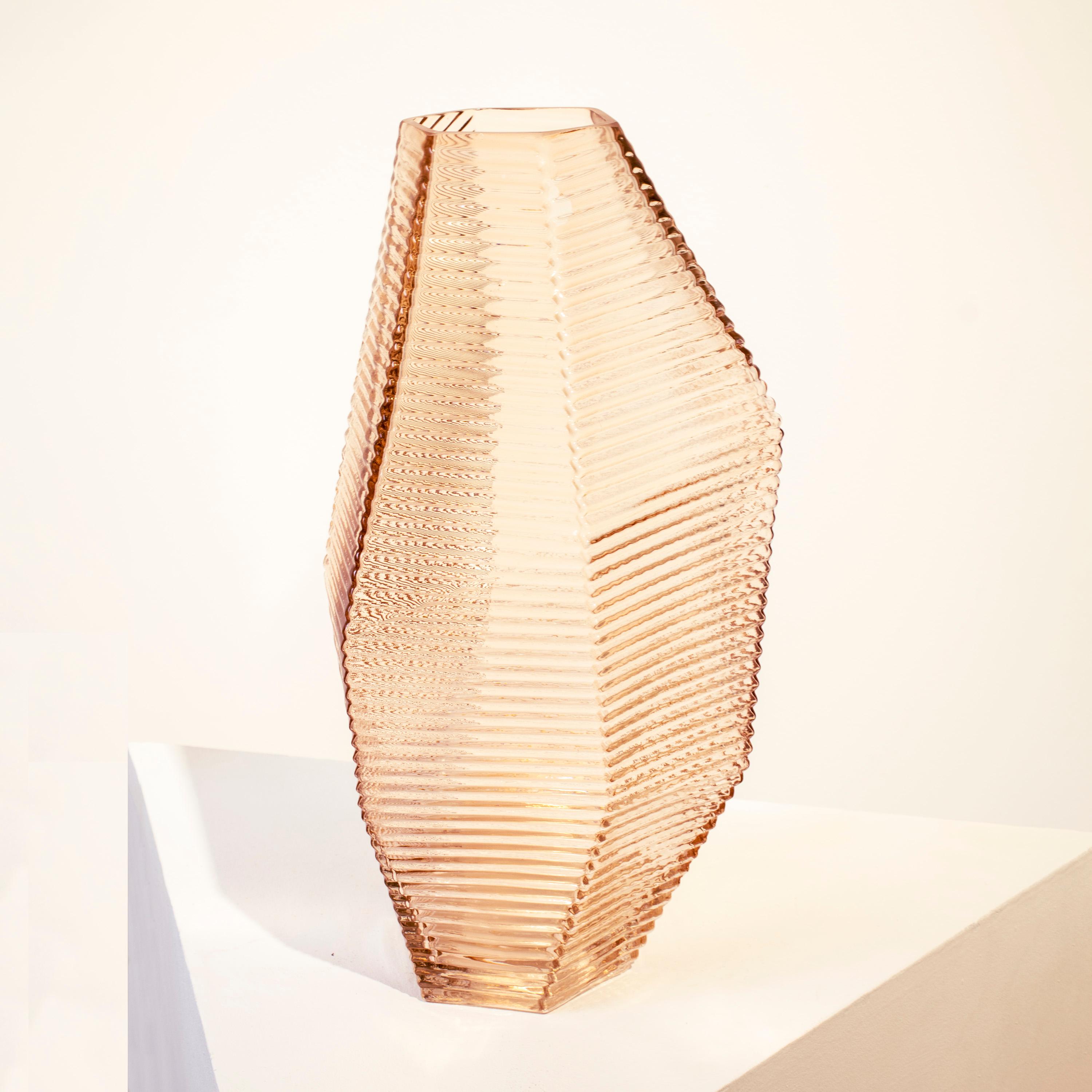 Handcrafted Polygonal Semi Transparent Pink Color Glass Vase, Italy, 2024 For Sale 1