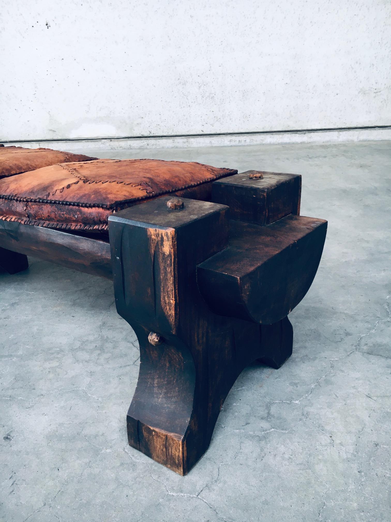 Handcrafted Primitive Exotic Wood & Leather Bench, Brazil 1960's 3