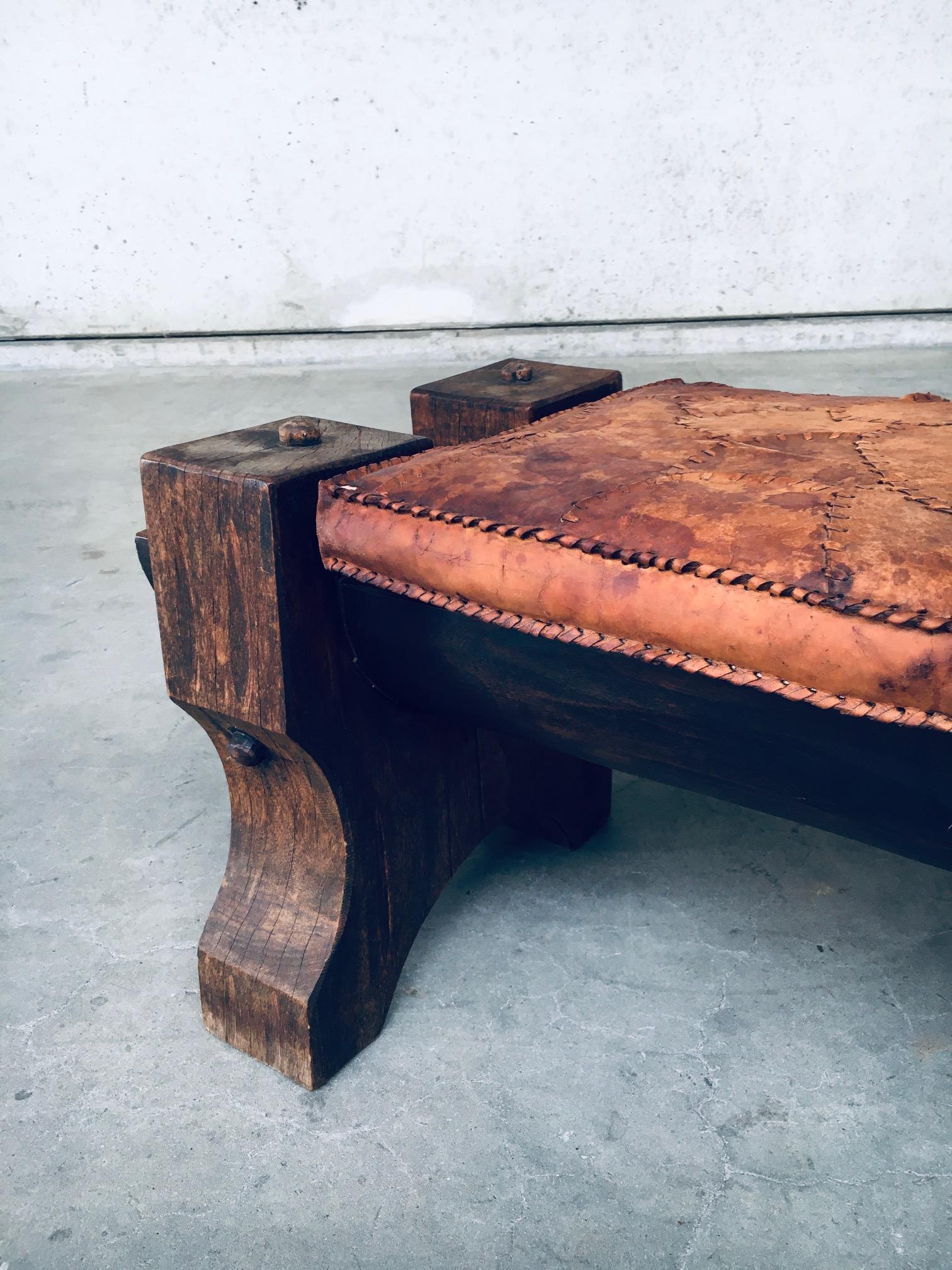 Handcrafted Primitive Exotic Wood & Leather Bench, Brazil 1960's 6