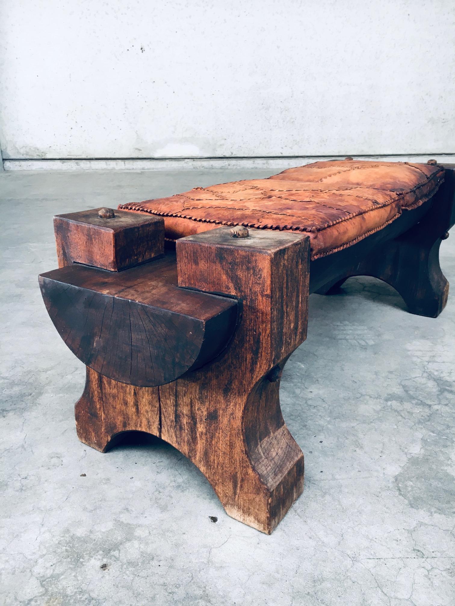 Handcrafted Primitive Exotic Wood & Leather Bench, Brazil 1960's 7