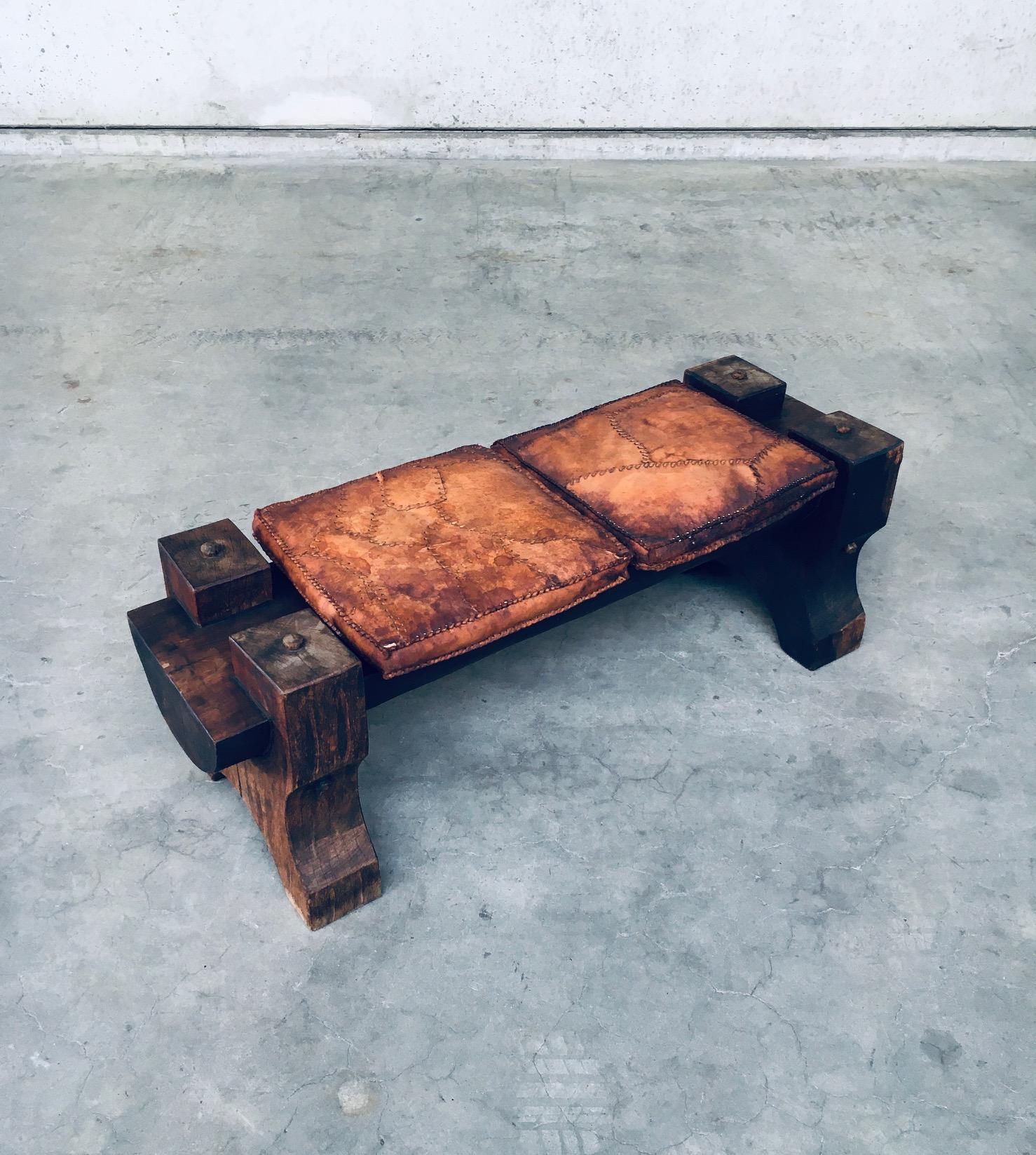 Brutalist Handcrafted Primitive Exotic Wood & Leather Bench, Brazil 1960's