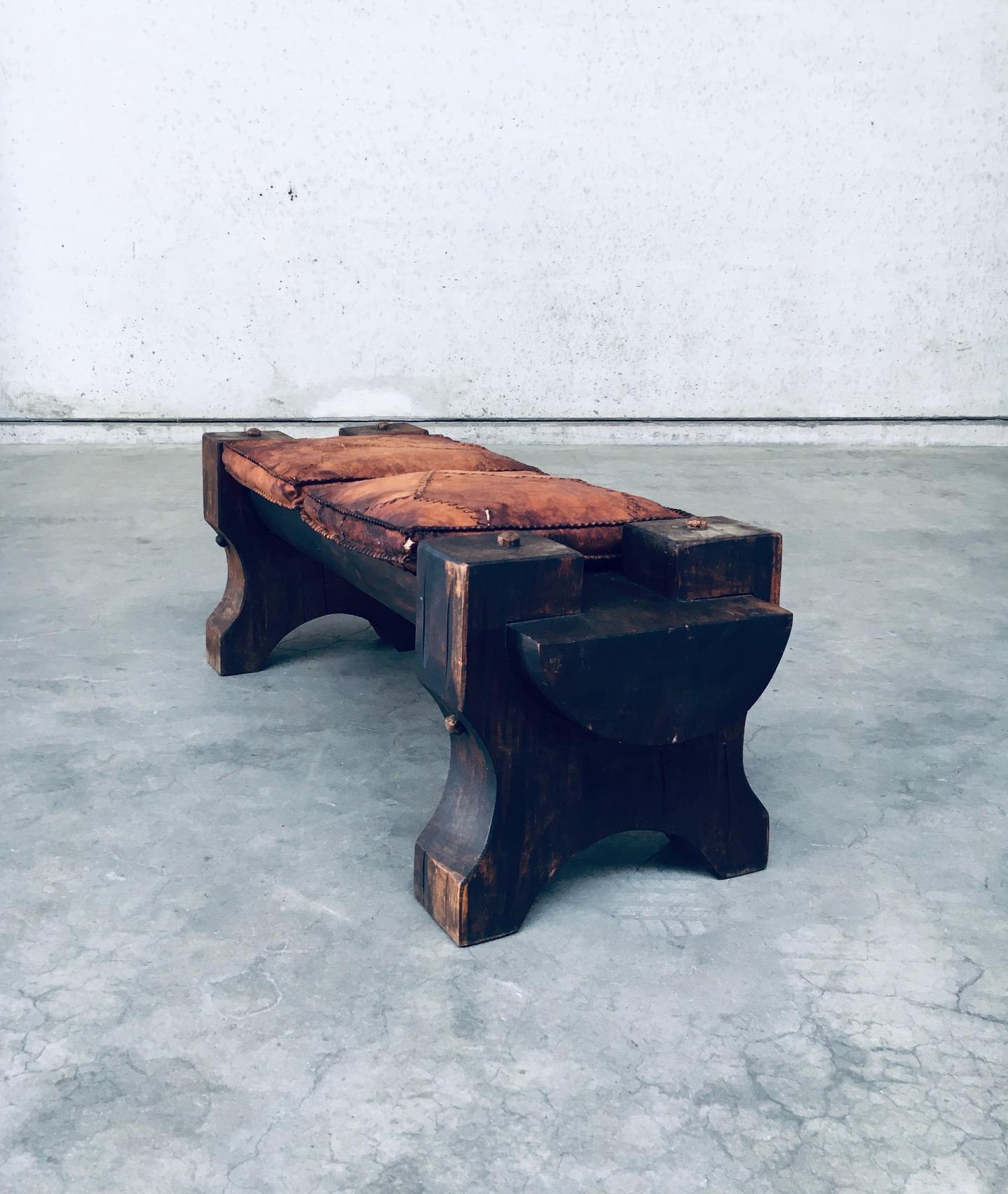 Handcrafted Primitive Exotic Wood & Leather Bench, Brazil 1960's 2