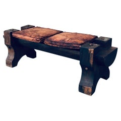 Handcrafted Primitive Exotic Wood & Leather Bench, Brazil 1960's