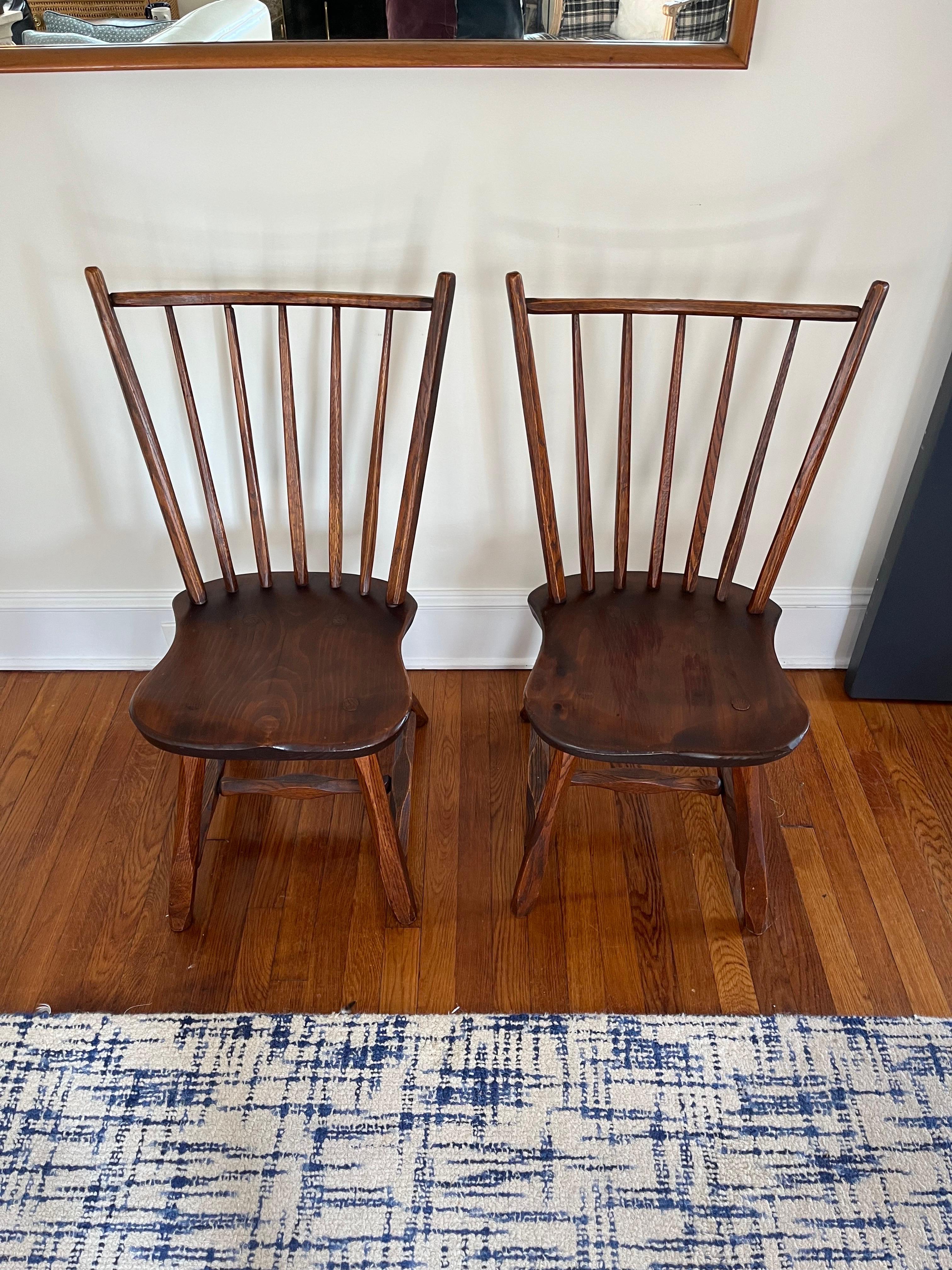 A set pair of handcrafted Primitive Hickory bentwood stick armchairs with sculpted pine seats. Wonderful rustic design with exposed peg finish and hewn legs and aged patina. 
Curbside to NYC/Philly $350