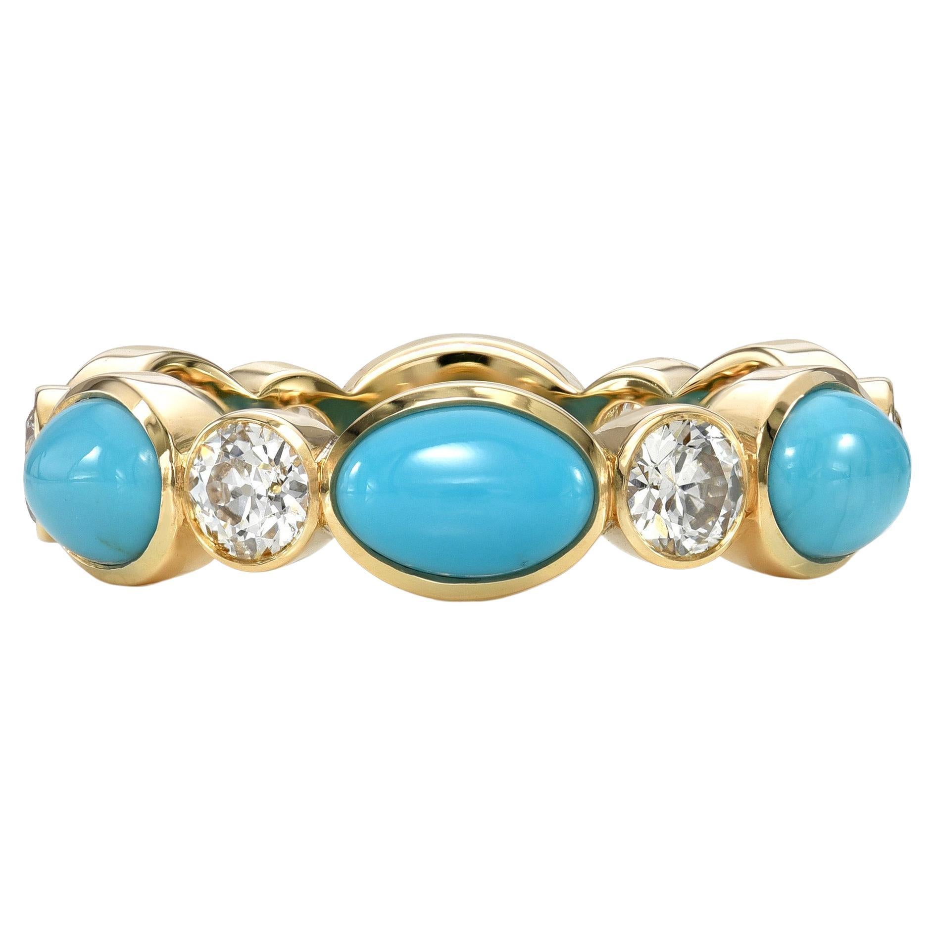 For Sale:  Handcrafted Quinn European Cut Diamond/Turquoise Eternity Band by Single Stone