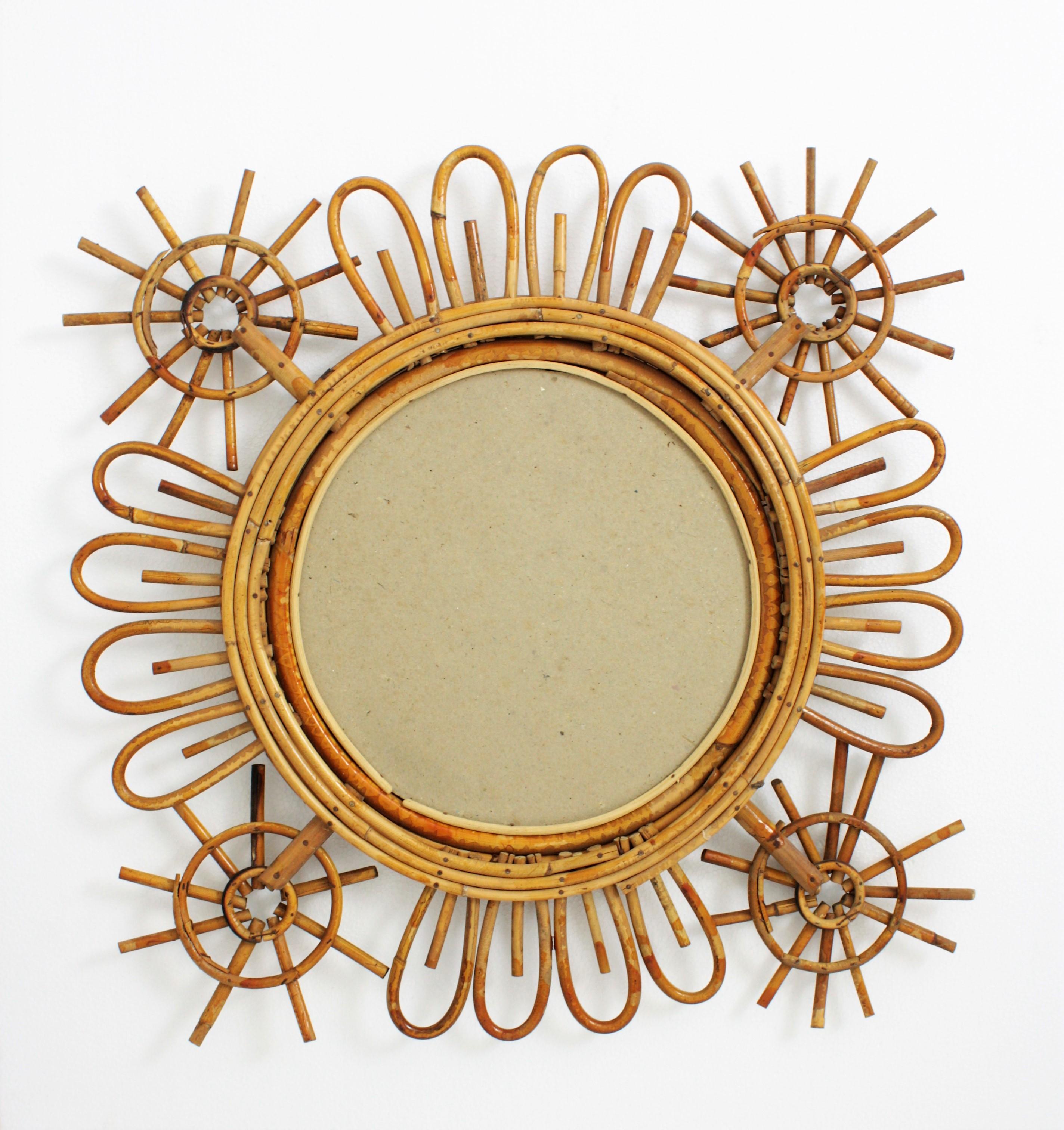 Midcentury Rattan Sunburst Mirror, Spain, 1960s 3