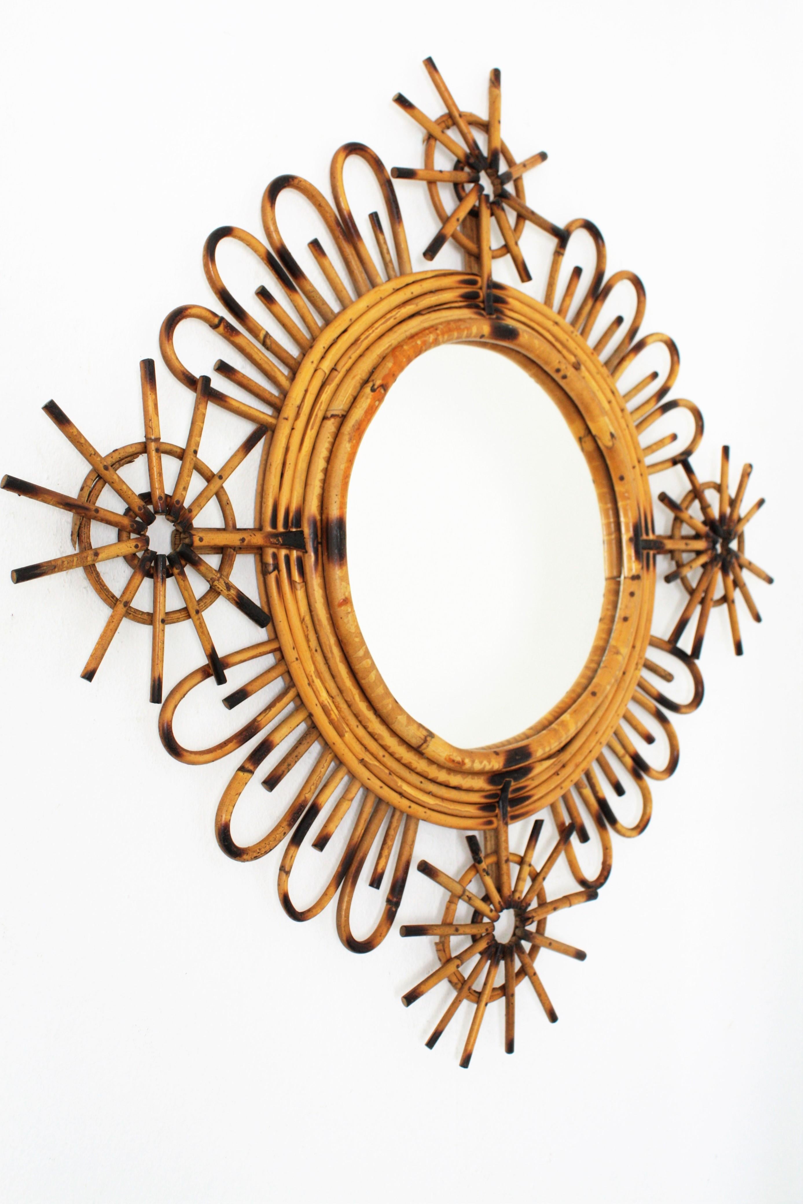 Mid-Century Modern Midcentury Rattan Sunburst Mirror, Spain, 1960s
