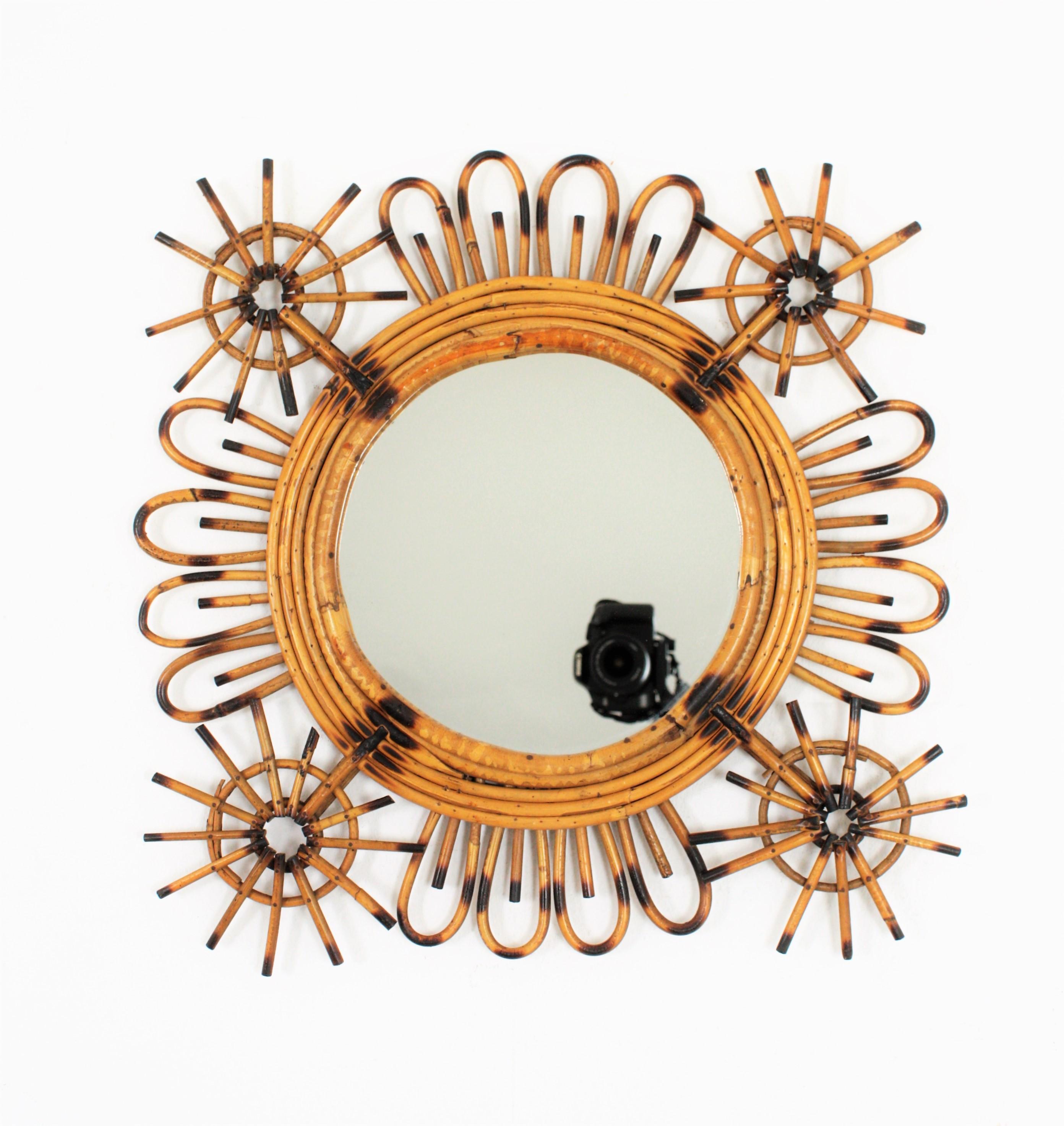 Spanish Midcentury Rattan Sunburst Mirror, Spain, 1960s