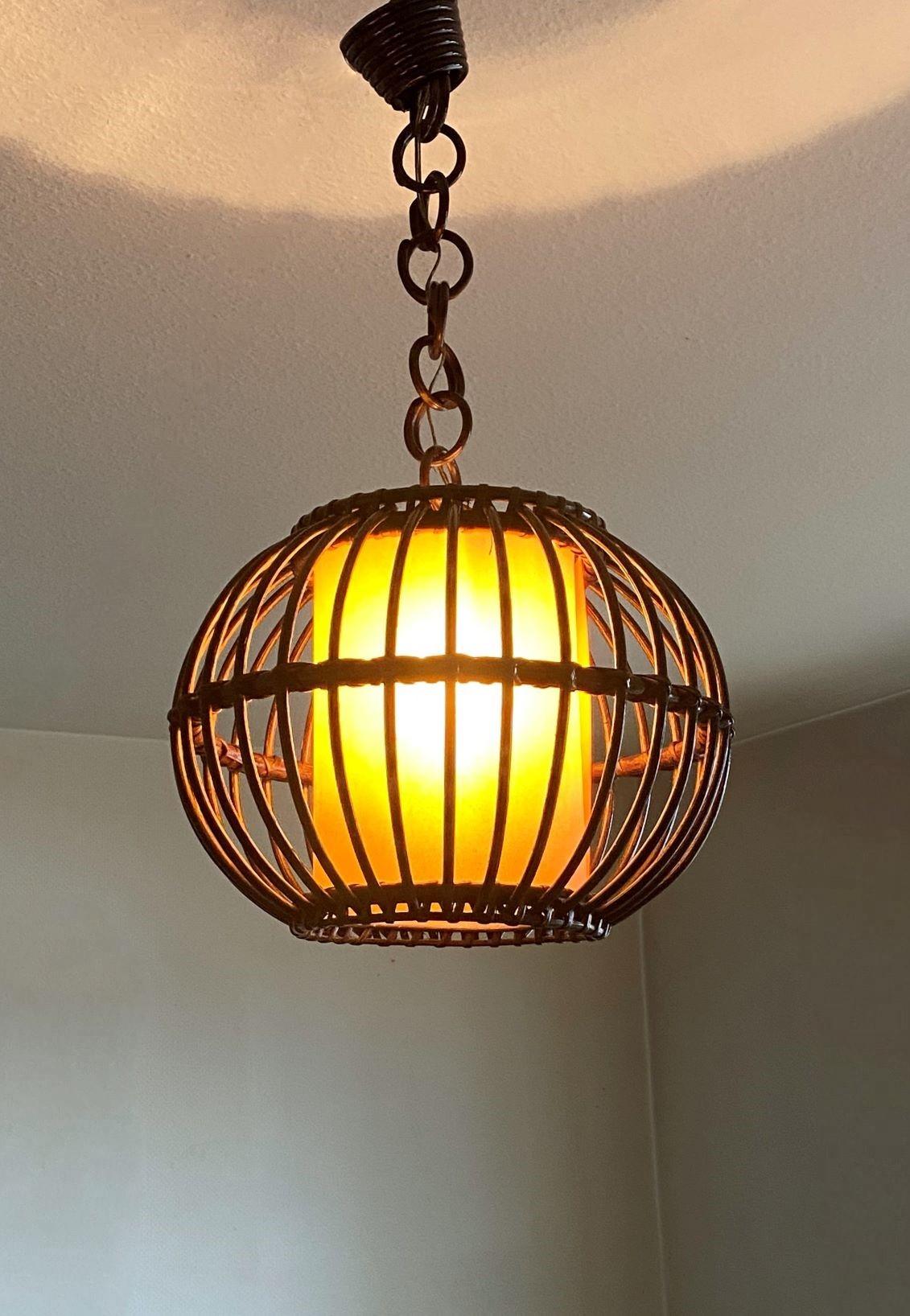 Louis Sognot Bamboo Rattan Pendant Lantern with Perchment Shade, France, 1950s For Sale 1