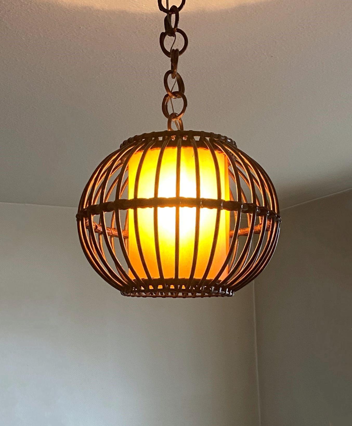 Louis Sognot Bamboo Rattan Pendant Lantern with Perchment Shade, France, 1950s For Sale 2
