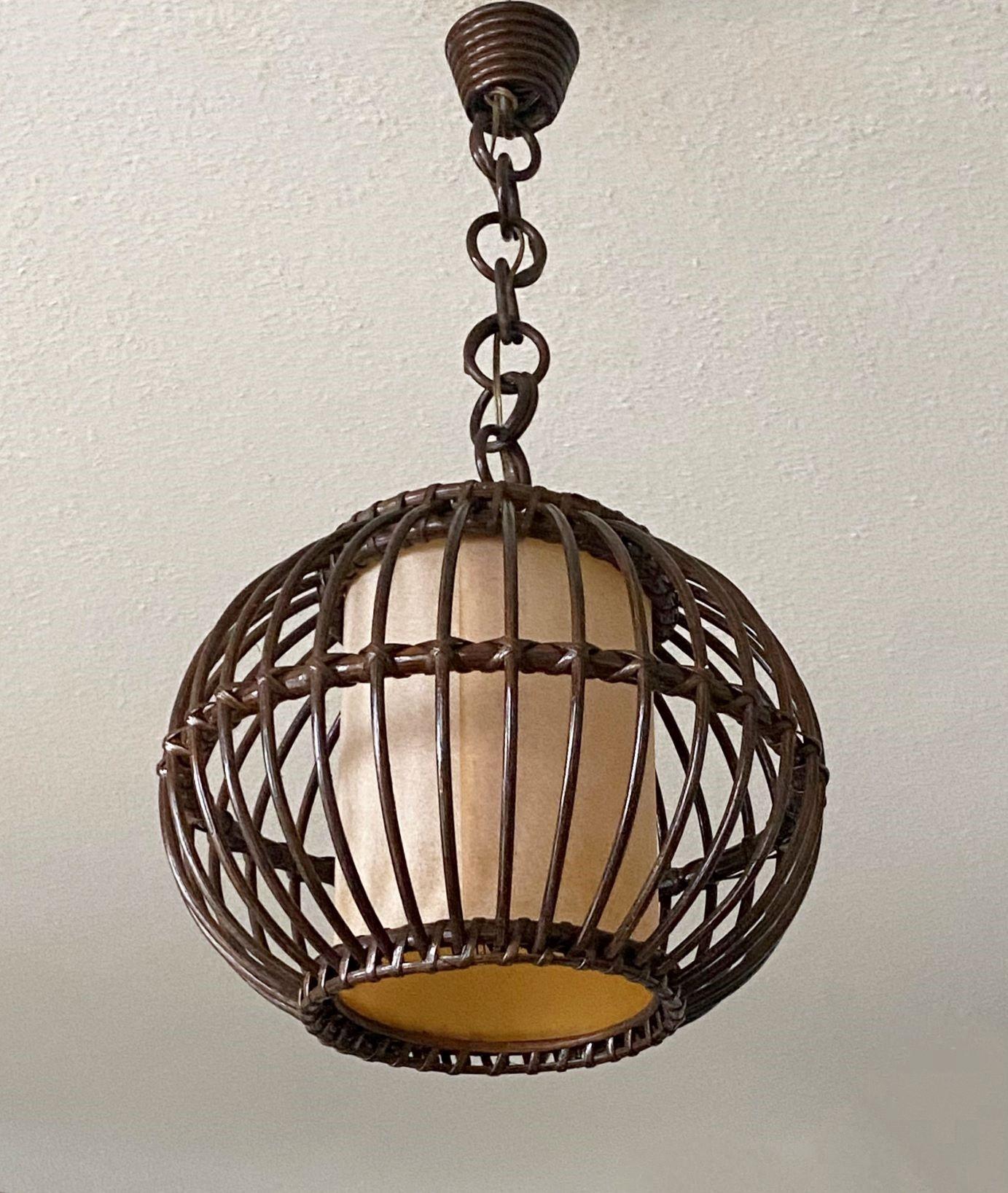 Mid-Century Modern Louis Sognot Bamboo Rattan Pendant Lantern with Perchment Shade, France, 1950s For Sale