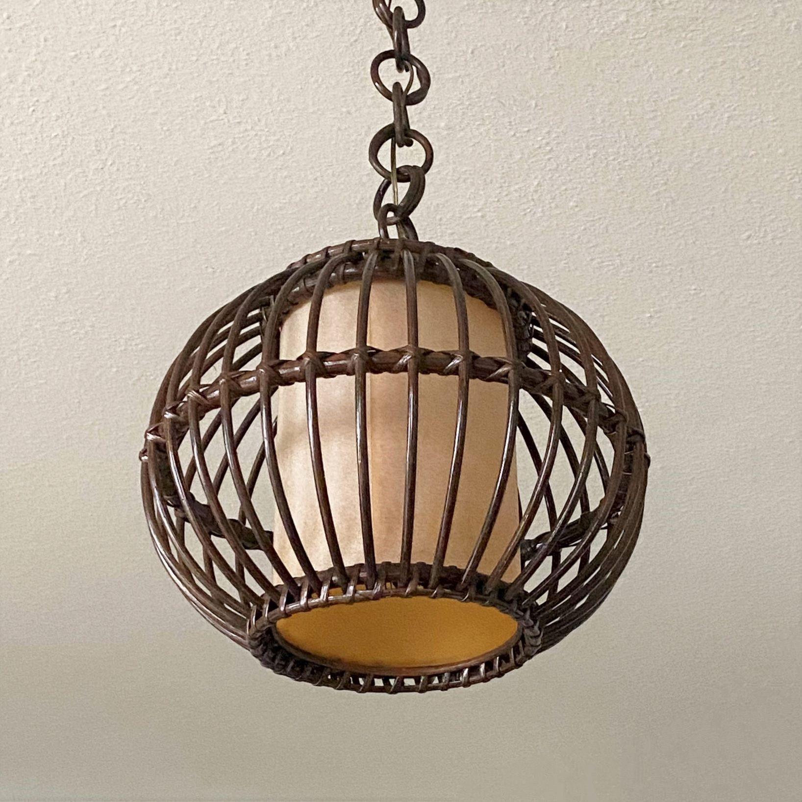 French Louis Sognot Bamboo Rattan Pendant Lantern with Perchment Shade, France, 1950s For Sale