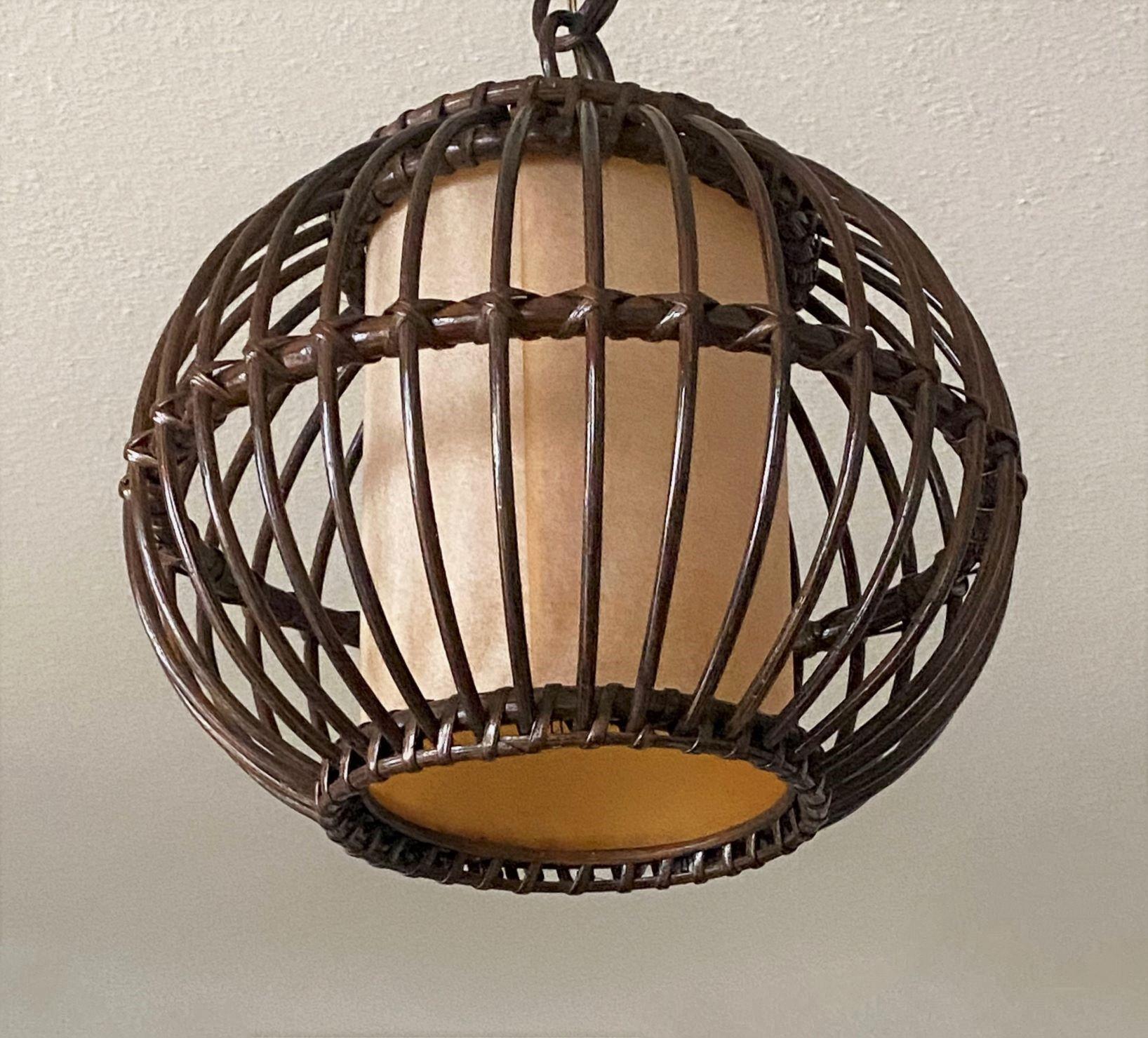 Hand-Crafted Louis Sognot Bamboo Rattan Pendant Lantern with Perchment Shade, France, 1950s For Sale