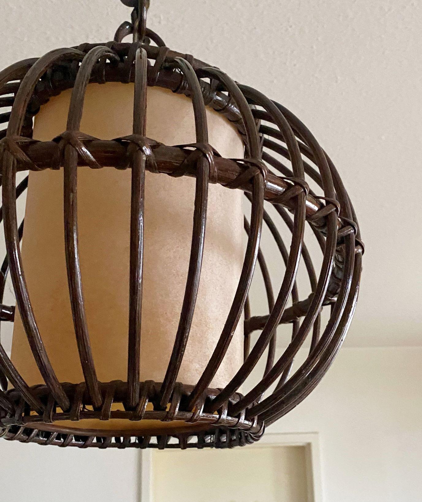 20th Century Handcrafted Rattan Wicker Globe Pendant with Perchament Lamp Shade, Spain, 1950s For Sale