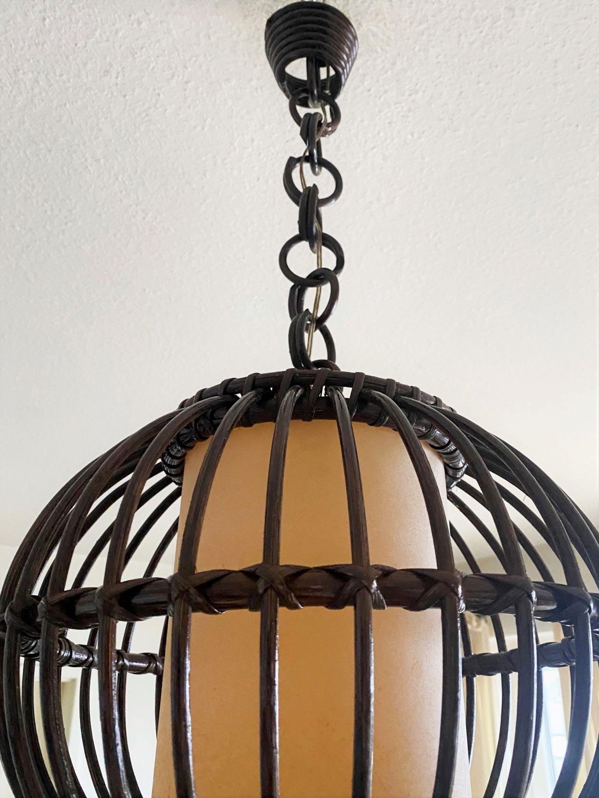 Handcrafted Rattan Wicker Globe Pendant with Perchament Lamp Shade, Spain, 1950s For Sale 1