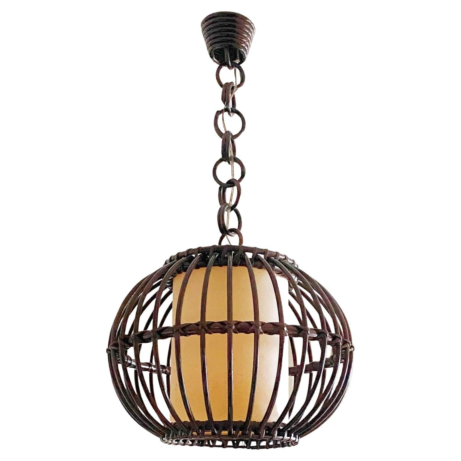 Louis Sognot Bamboo Rattan Pendant Lantern with Perchment Shade, France, 1950s
