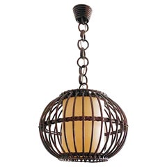 Handcrafted Rattan Wicker Globe Pendant with Perchament Lamp Shade, Spain, 1950s