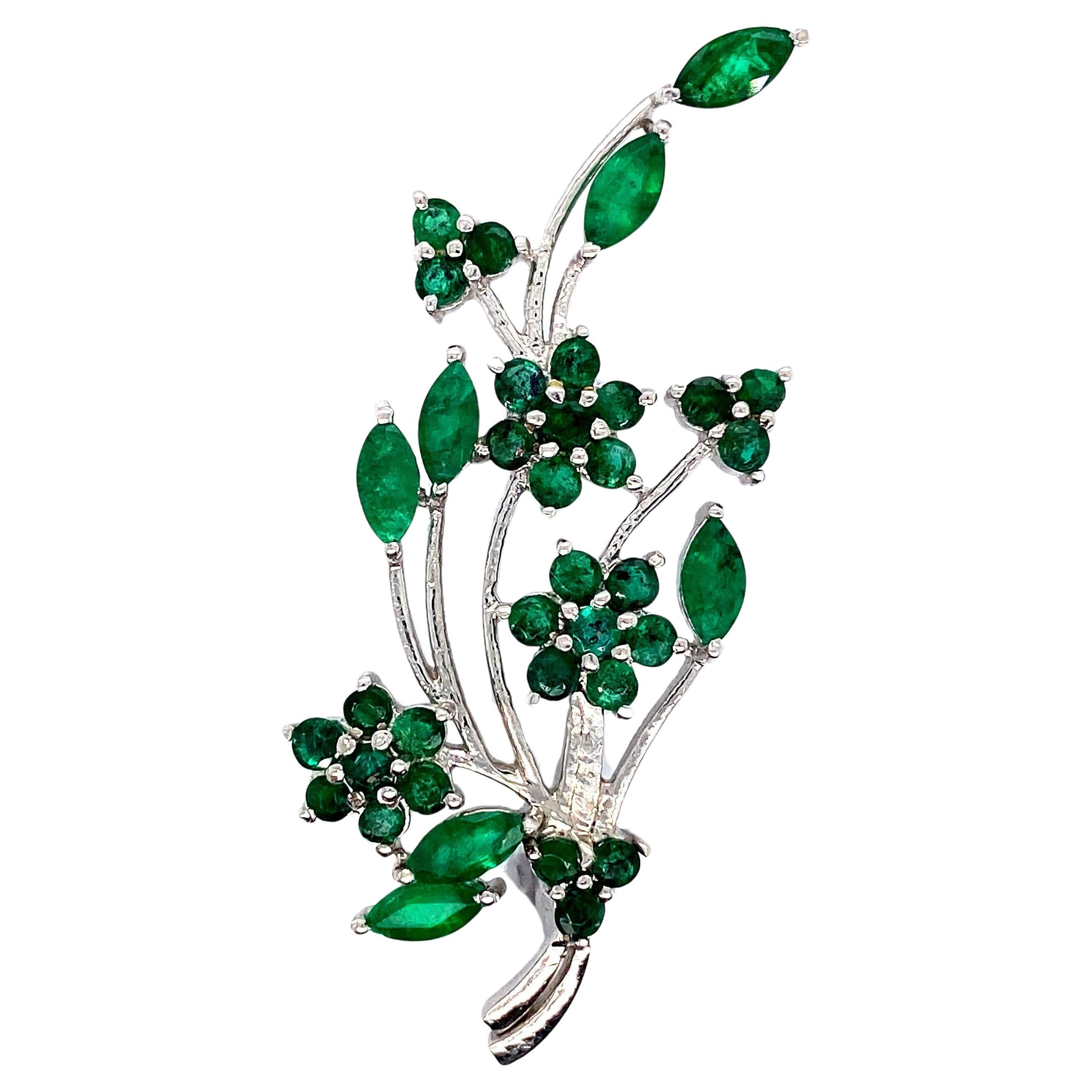 Handcrafted Real Emerald Floral Brooch in 925 Sterling Silver, Christmas Gift