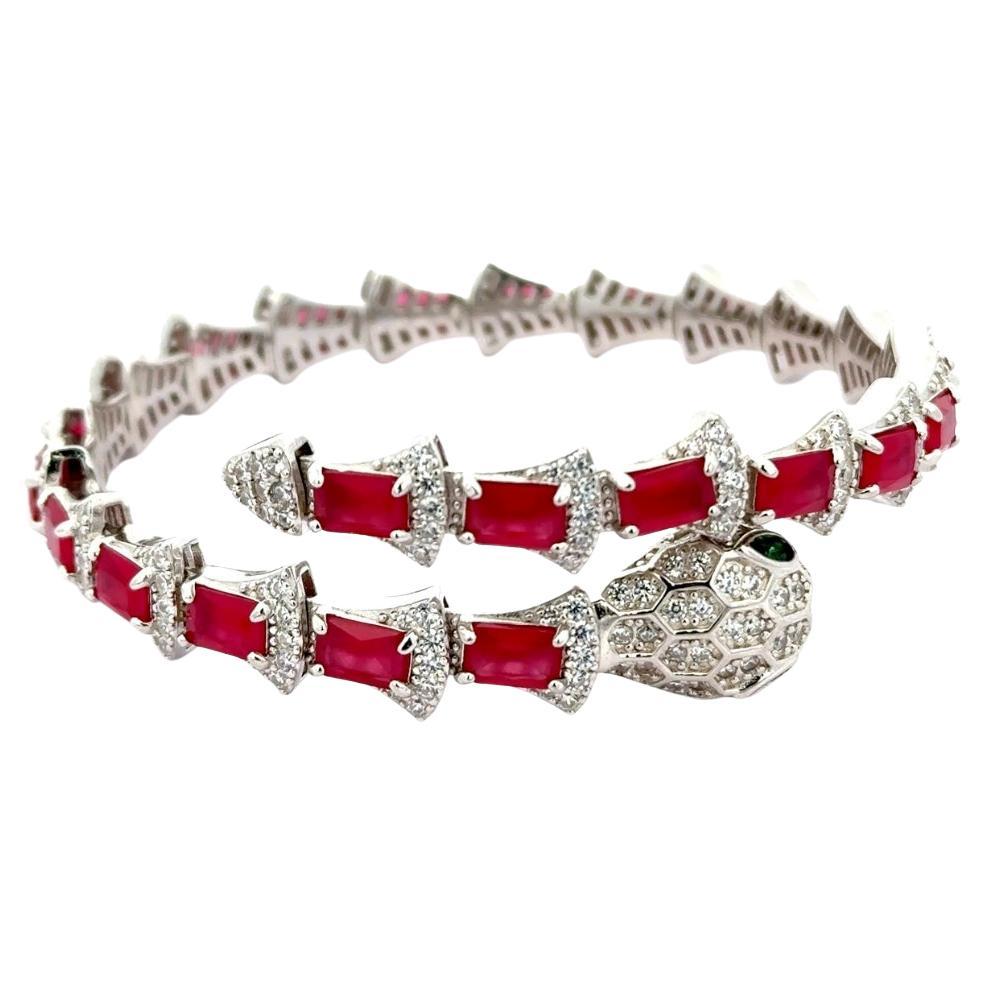 Red Stone Zirconia Serpent Handcrafted Cuff Bracelet 925 Silver Animal Jewelry