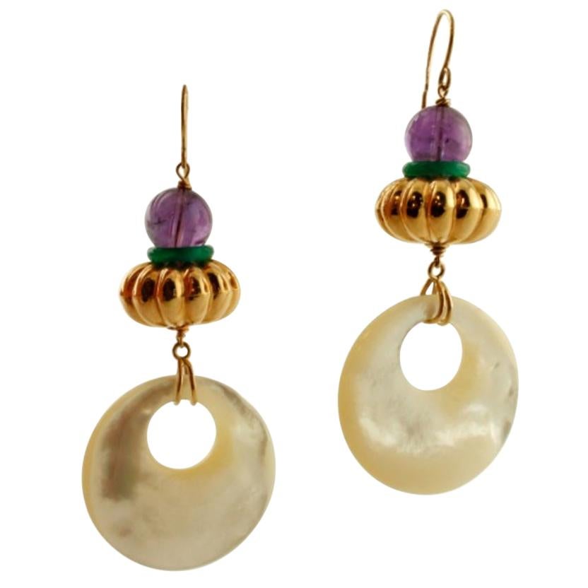 Handcrafted Retro Earrings Amethyst, White Stones, 18 Karat Yellow Gold For Sale
