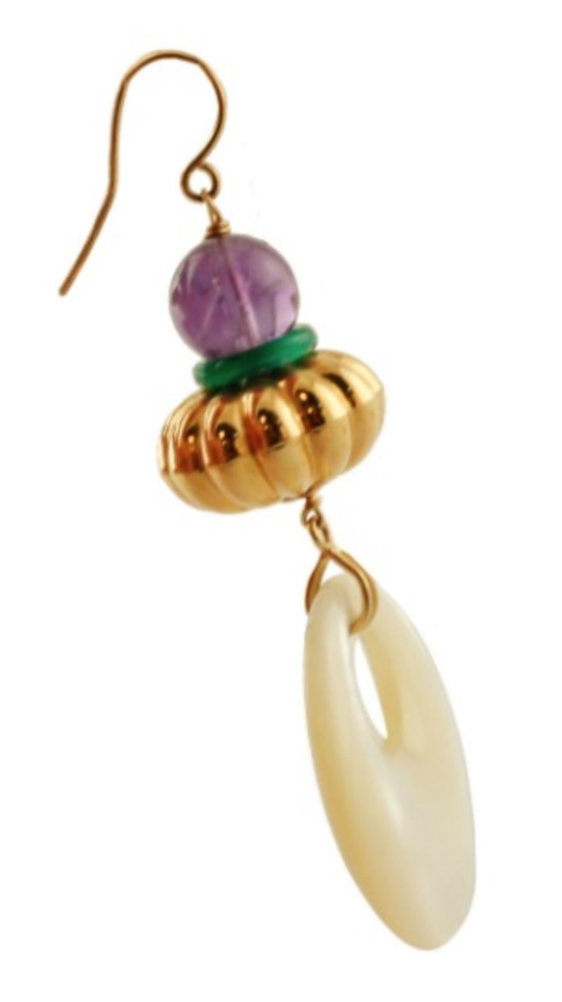 Mixed Cut Handcrafted Retro Earrings Amethyst, White Stones, 18 Karat Yellow Gold For Sale