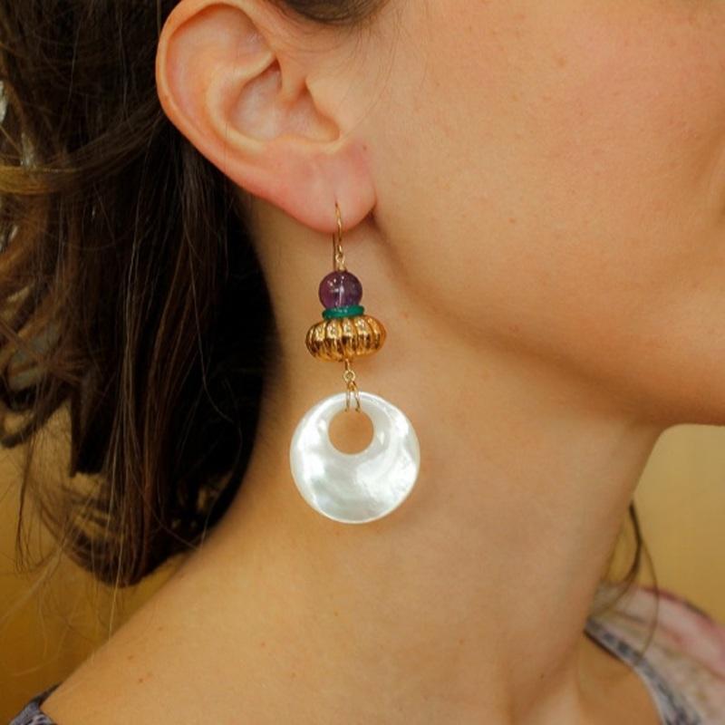 Handcrafted Retro Earrings Amethyst, White Stones, 18 Karat Yellow Gold For Sale 2