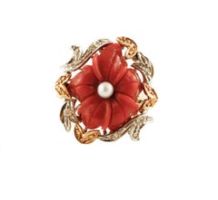 Handcrafted Retro Ring Coral Flower, Diamonds, Pearl, Rose and White Gold