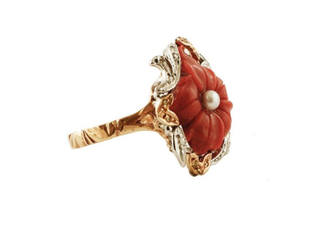 Round Cut Handcrafted Retro Ring Coral Flower, Diamonds, Pearl, Rose and White Gold For Sale
