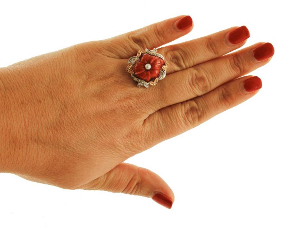 Women's Handcrafted Retro Ring Coral Flower, Diamonds, Pearl, Rose and White Gold For Sale