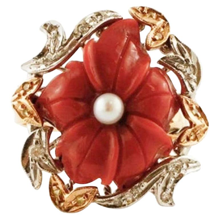 Handcrafted Retro Ring Coral Flower, Diamonds, Pearl, Rose and White Gold