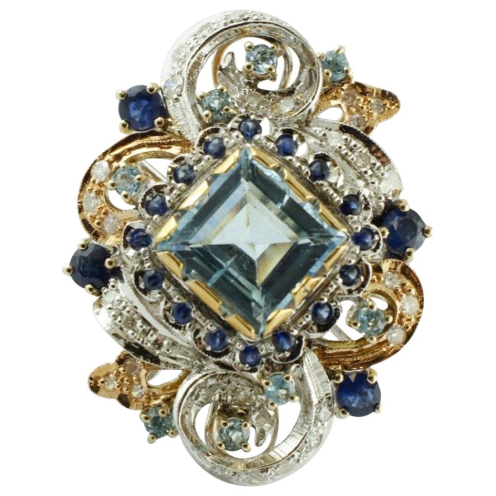 Handcrafted Retro Ring Topaz Aquamarine, Sapphires 14 Karat White and Rose Gold For Sale