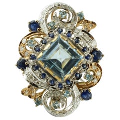 Handcrafted Retro Ring Topaz Aquamarine, Sapphires 14 Karat White and Rose Gold