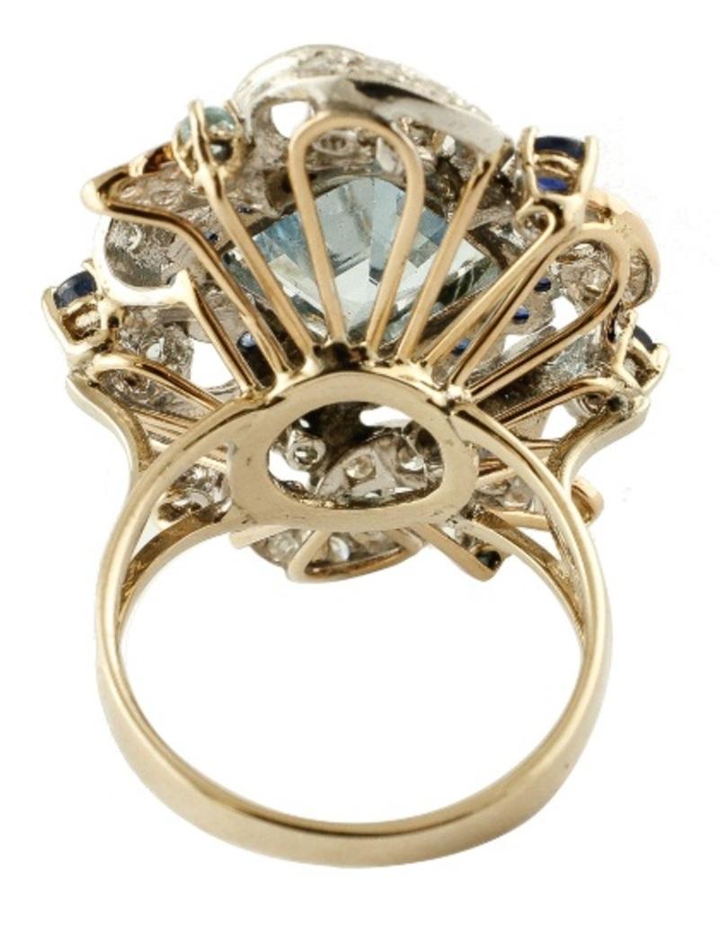 Mixed Cut Handcrafted Retro Ring Topaz Aquamarine, Sapphires 14 Karat White and Rose Gold For Sale