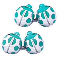 Handcrafted Rhodium Plated Ladybug Cufflinks with Turquoise Enamel