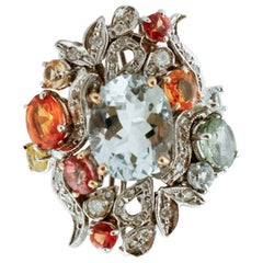 Vintage Handcrafted Ring Aquamarine, Multi-Color Sapphires, Diamonds, White Gold