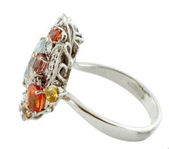 Handcrafted Ring Aquamarine, Multi-Color Sapphires, Diamonds, White Gold
