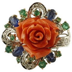 Handcrafted Ring Diamonds, Emeralds and Blue Sapphires, Coral, 14 Karat Gold