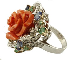 Handcrafted Ring Diamonds, Emeralds and Blue Sapphires, Coral, 14 Karat Gold