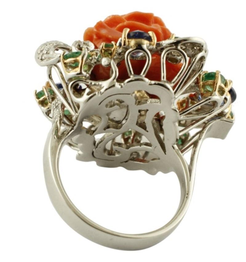 Retro Handcrafted Ring Diamonds, Emeralds and Blue Sapphires, Coral, 14 Karat Gold For Sale