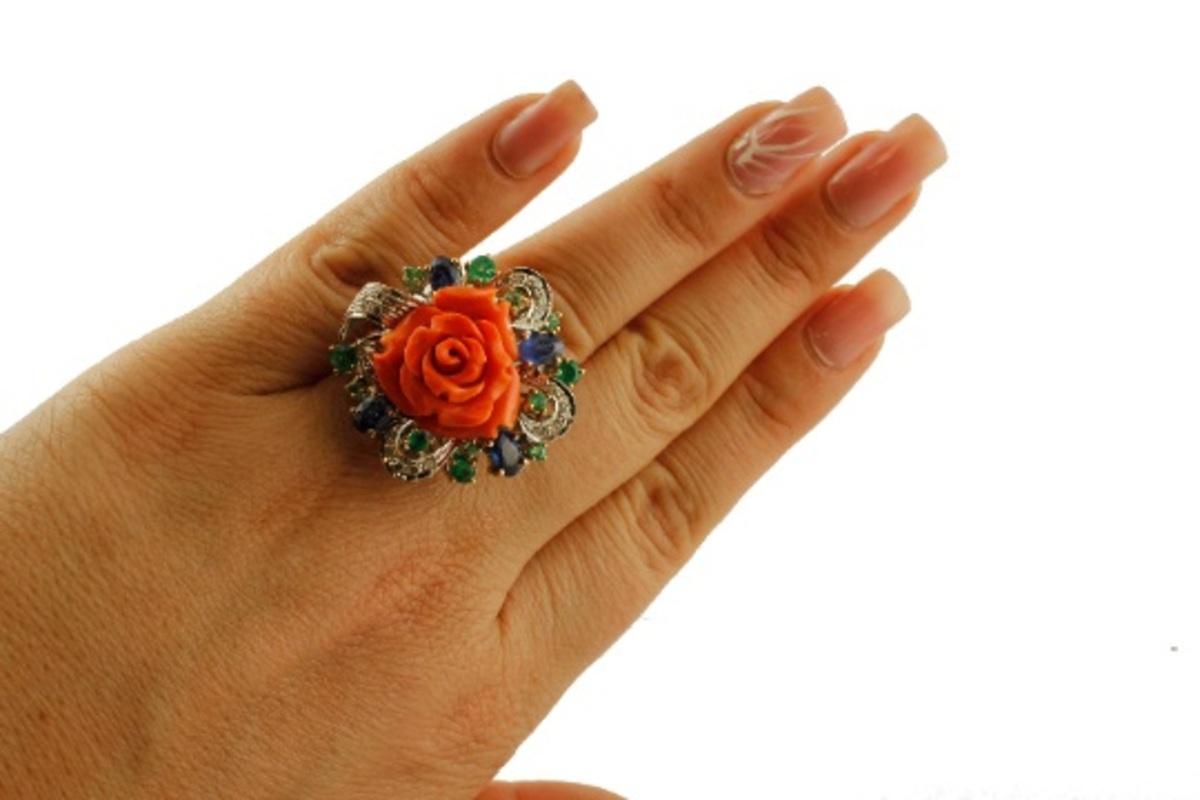 Mixed Cut Handcrafted Ring Diamonds, Emeralds and Blue Sapphires, Coral, 14 Karat Gold For Sale