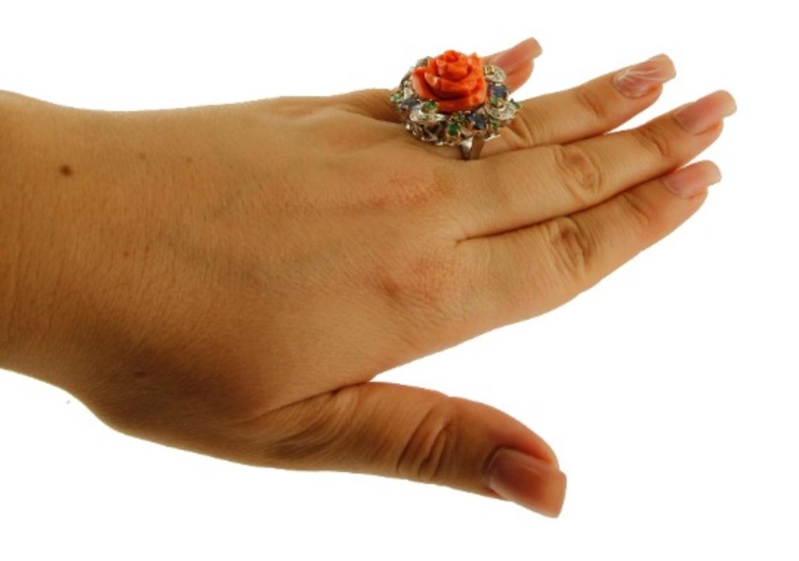 Women's Handcrafted Ring Diamonds, Emeralds and Blue Sapphires, Coral, 14 Karat Gold For Sale