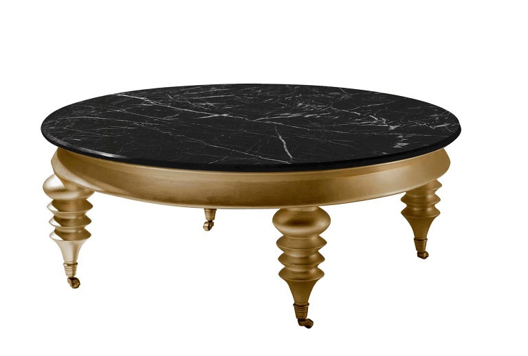 Rolling Gold Round Coffee Table with Black Marble Top and Gold
