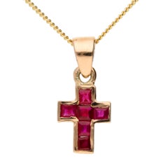 Antique Handcrafted Rose Gold Italian 0.45 Carat Ruby Cross Pendant