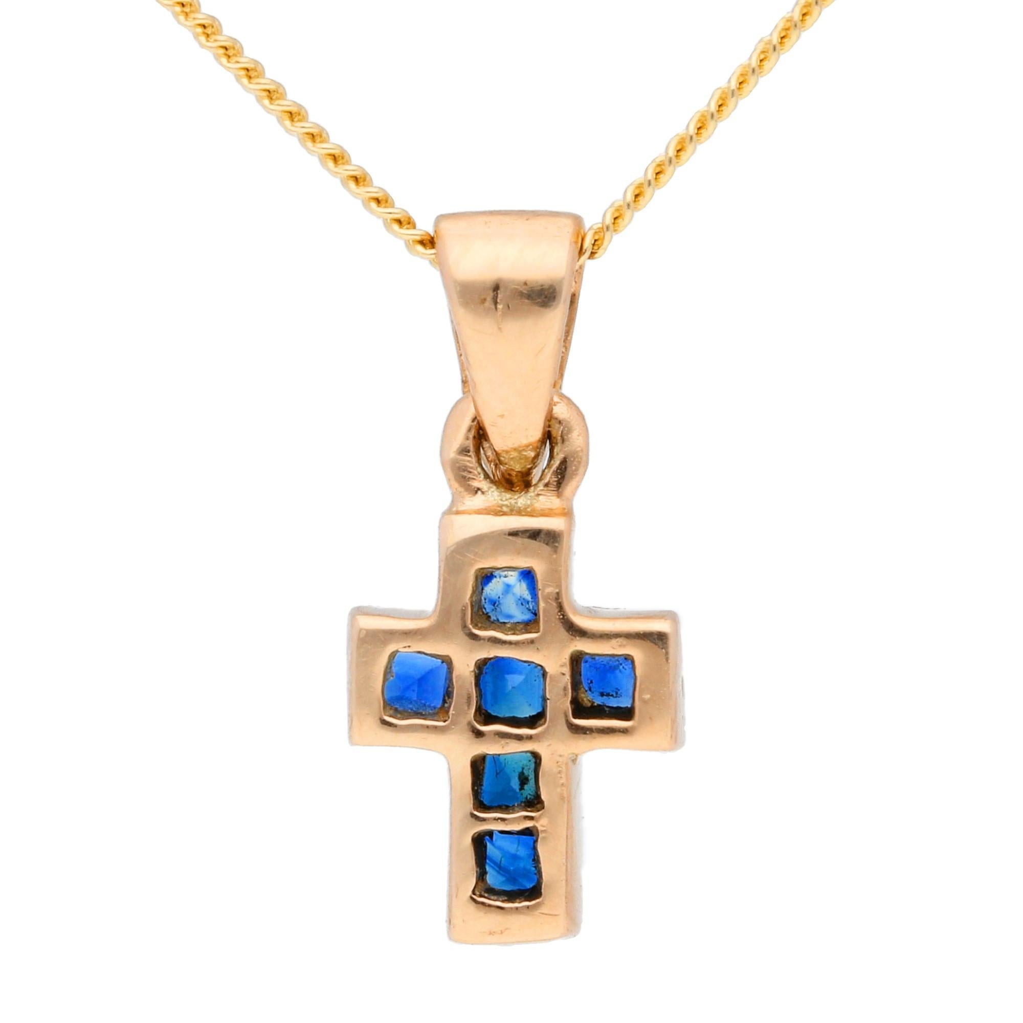 Petite and pretty, this ladies cross pendant. A gorgeous gift for a September birthday or a sapphire anniversary.

Featuring a rose gold cross, encrusted with luxurious sapphires, that hangs beautifully on the sleek curb chain. A simply beautiful